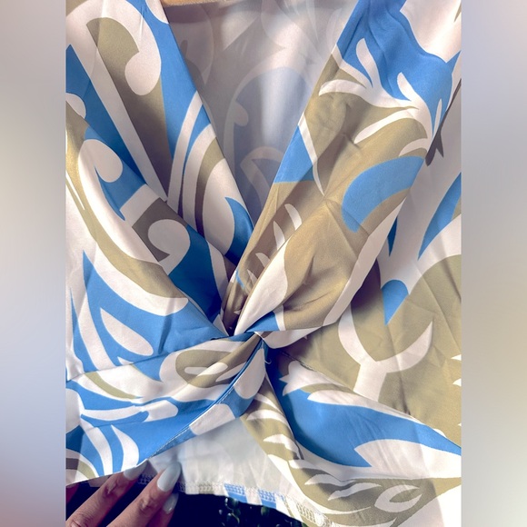 Abstract Design Blue, Green & White Midi Skirt Set - Picture 4 of 5